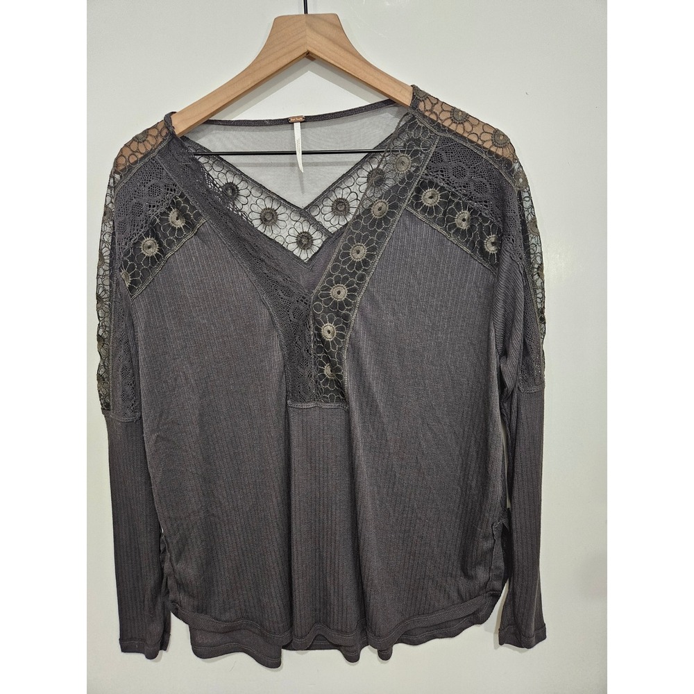 Free People S Gray Lace Mesh Long Sleeve Top Floral Crochet Boho Romantic